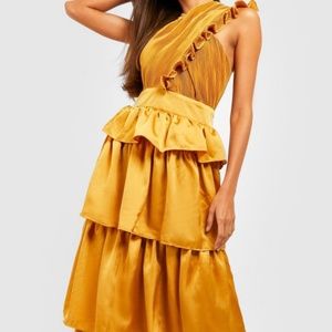 Gold Pleated Ruffle Maxi Dress